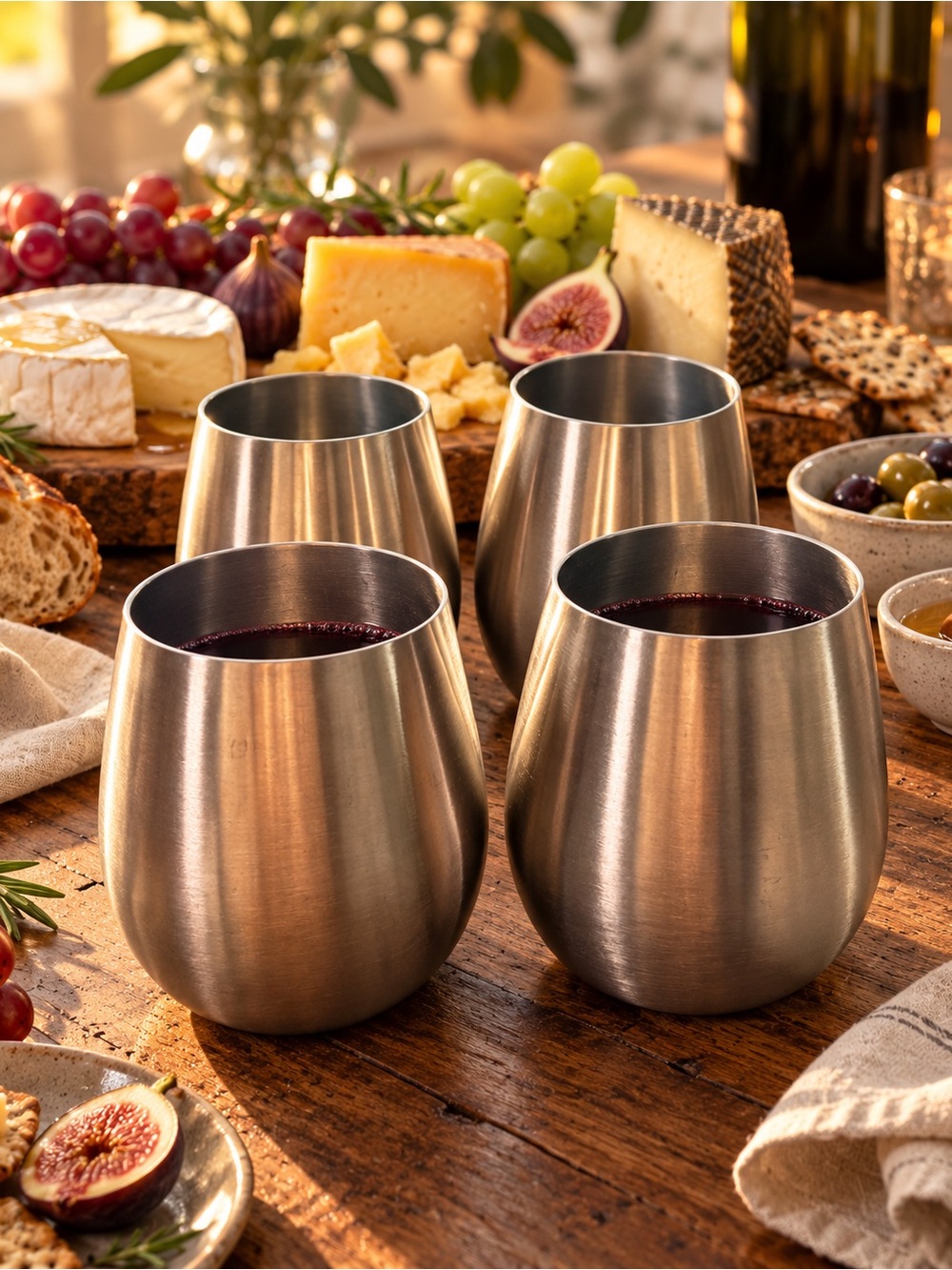 Brushed Stainless Steel Stemless Wine Tumblers - Set of 4